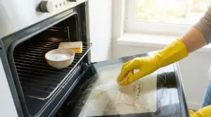 Persona pulisce lo sportello del forno con una spugna; all'interno ci sono bicarbonato e detergente naturale