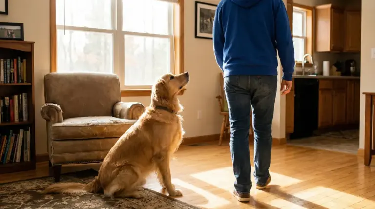 Cane seduto in salotto guarda una persona che cammina verso la cucina, come se volesse seguirla
