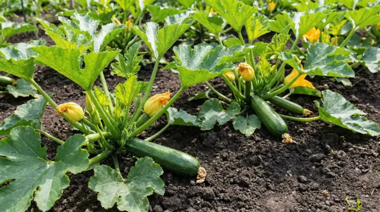Piante di zucchine nell’orto con frutti verdi e fiori gialli, su terreno scuro e ben lavorato