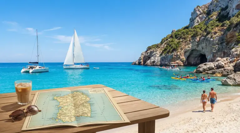 Spiaggia in Sardegna con mare turchese, barche a vela, kayak e mappa dell’isola su un tavolo in primo piano