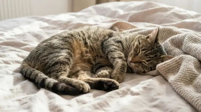 Gatto tigrato che dorme rannicchiato su un letto, avvolto da una coperta chiara