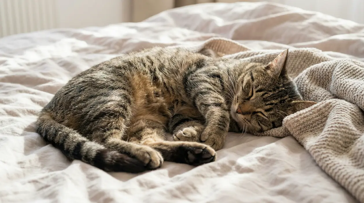 Gatto tigrato che dorme rannicchiato su un letto, avvolto da una coperta chiara