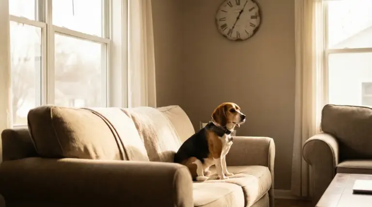 Cane seduto sul divano in salotto, illuminato dal sole, con un orologio a parete sullo sfondo