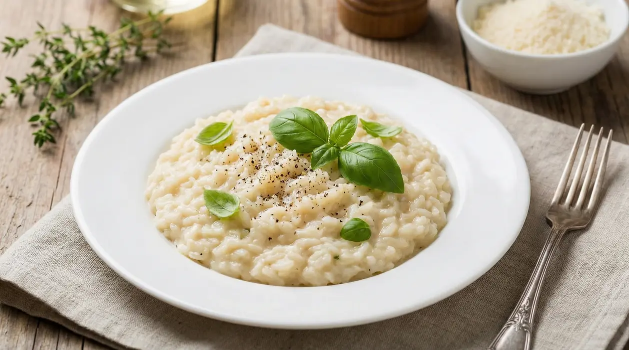 Piatto di risotto cremoso con formaggio grattugiato, pepe nero e foglie di basilico su tavolo rustico