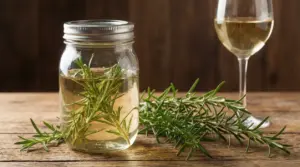 Barattolo con rosmarino in infusione nel vino bianco su tavolo di legno, con rametti e calice sullo sfondo
