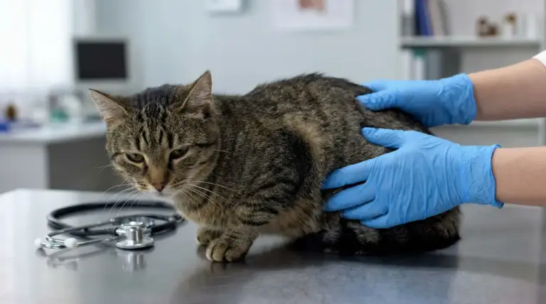 Gatto tigrato visitato dal veterinario su un tavolo clinico, con mani in guanti blu che lo controllano