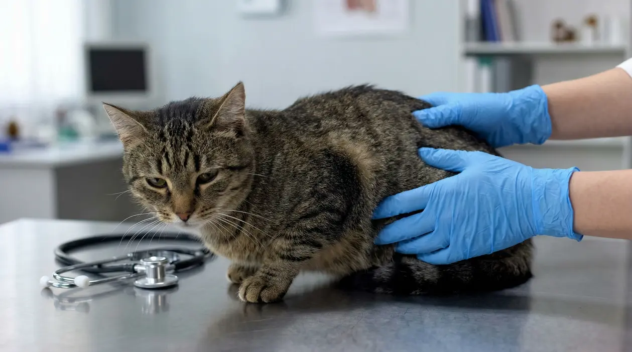 Gatto tigrato visitato dal veterinario su un tavolo clinico, con mani in guanti blu che lo controllano