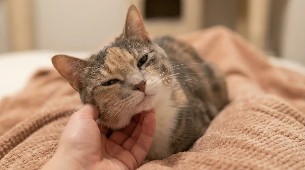 Gatto domestico sdraiato su una coperta mentre una persona gli accarezza delicatamente il mento