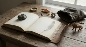 Libro aperto su tavolo di legno con piuma bianca, pietra e piccoli oggetti, atmosfera riflessiva vicino a una finestra