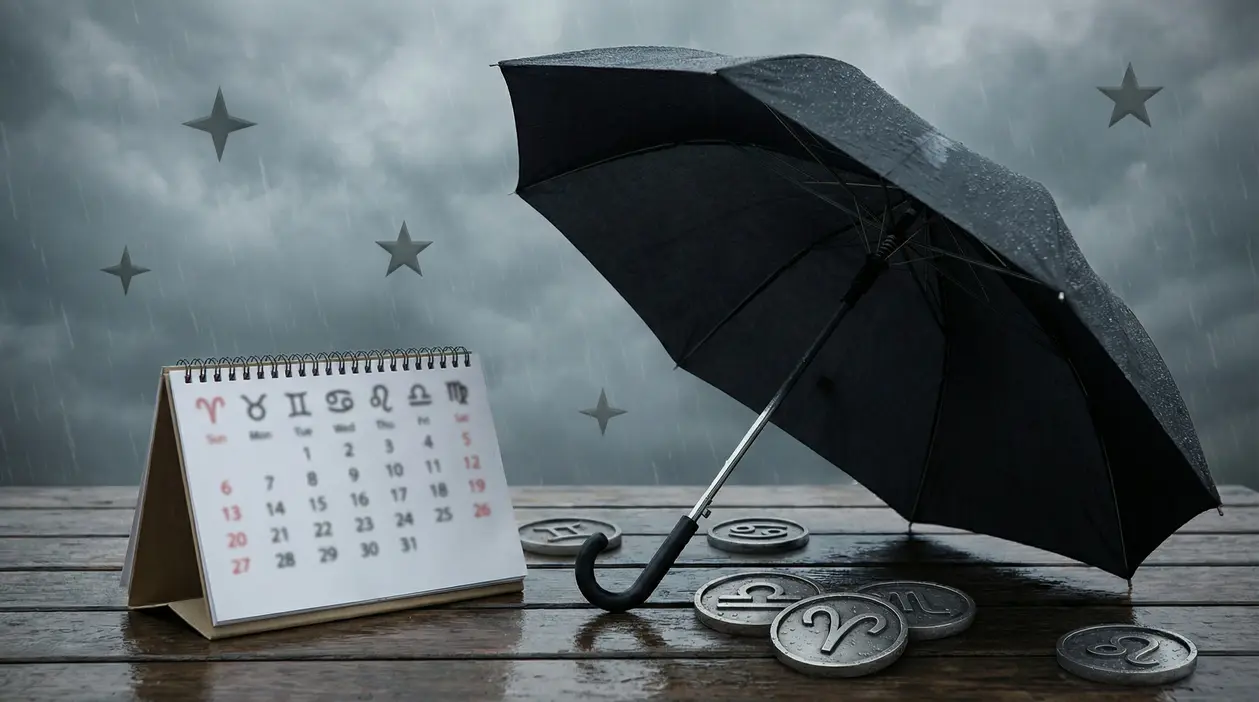 Ombrello sotto la pioggia accanto a un calendario con simboli zodiacali e medaglioni dei segni su un tavolo