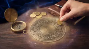 Mano che posiziona una moneta sullo zodiaco in ottone, con bussola e taccuino su un tavolo di legno