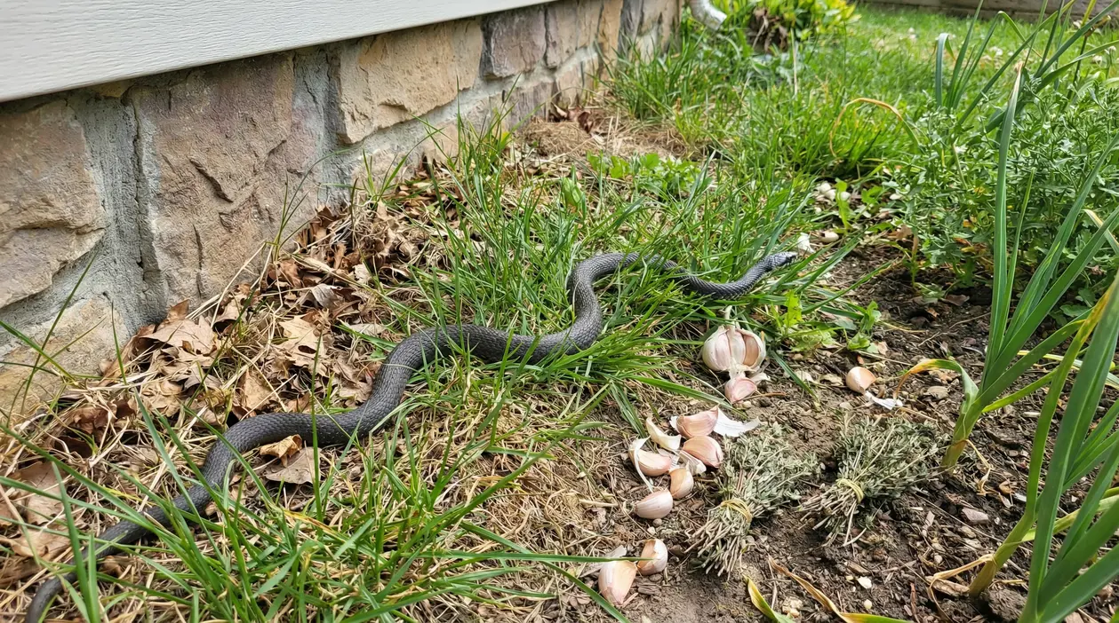 Serpente scuro nell’erba vicino al muro di casa, in giardino, accanto a spicchi d’aglio sul terreno