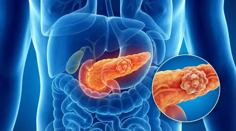 Illustrazione del pancreas con una massa tumorale evidenziata nell’addome, vista anatomica
