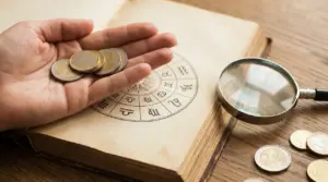 Mano con monete in euro sopra un libro con ruota dello zodiaco, con lente d’ingrandimento su un tavolo