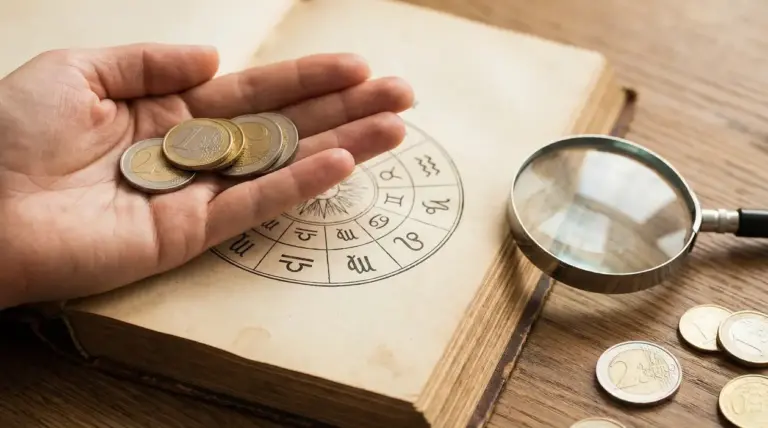 Mano con monete in euro sopra un libro con ruota dello zodiaco, con lente d’ingrandimento su un tavolo
