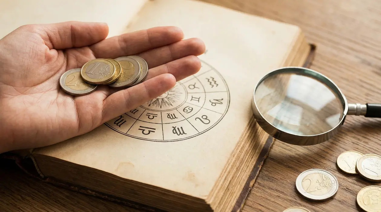 Mano con monete in euro sopra un libro con ruota dello zodiaco, con lente d’ingrandimento su un tavolo