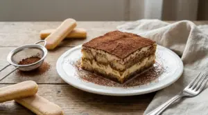 Fetta di tiramisù con cacao amaro su piatto bianco, con savoiardi e setaccio sul tavolo di legno