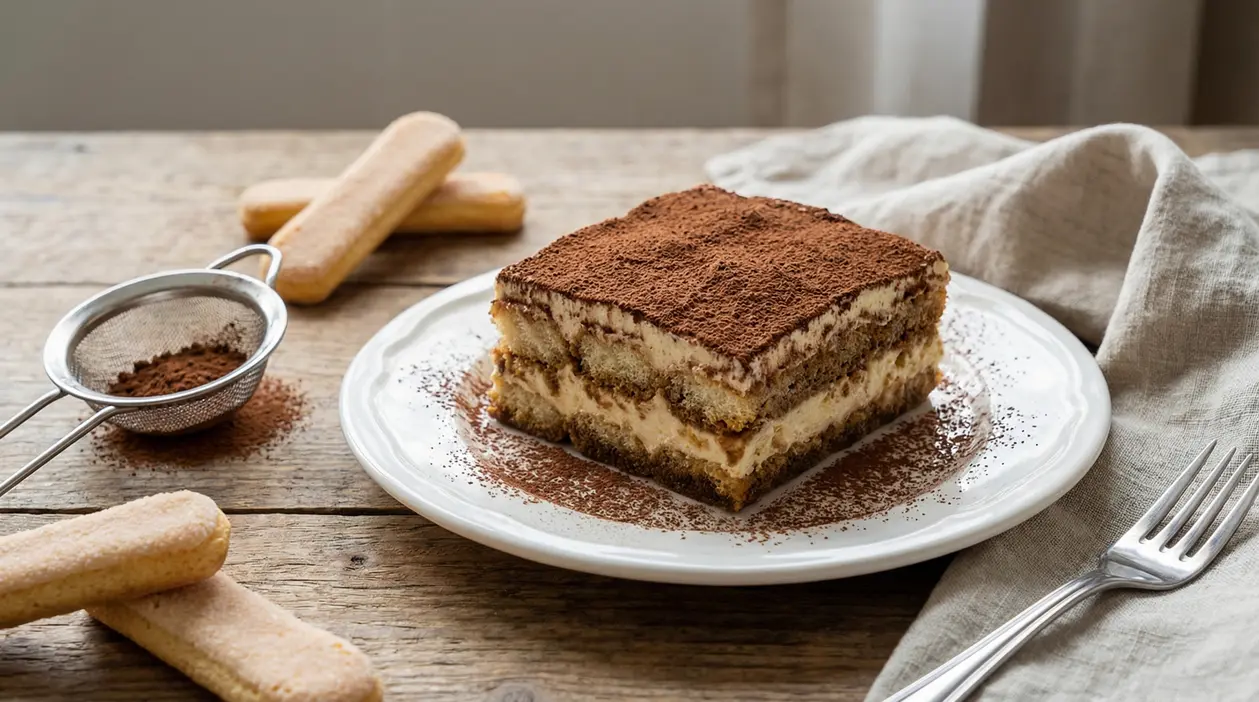 Fetta di tiramisù con cacao amaro su piatto bianco, con savoiardi e setaccio sul tavolo di legno