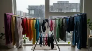 Stendibiancheria in casa davanti a una finestra con pioggia, con vestiti e asciugamani colorati ad asciugare