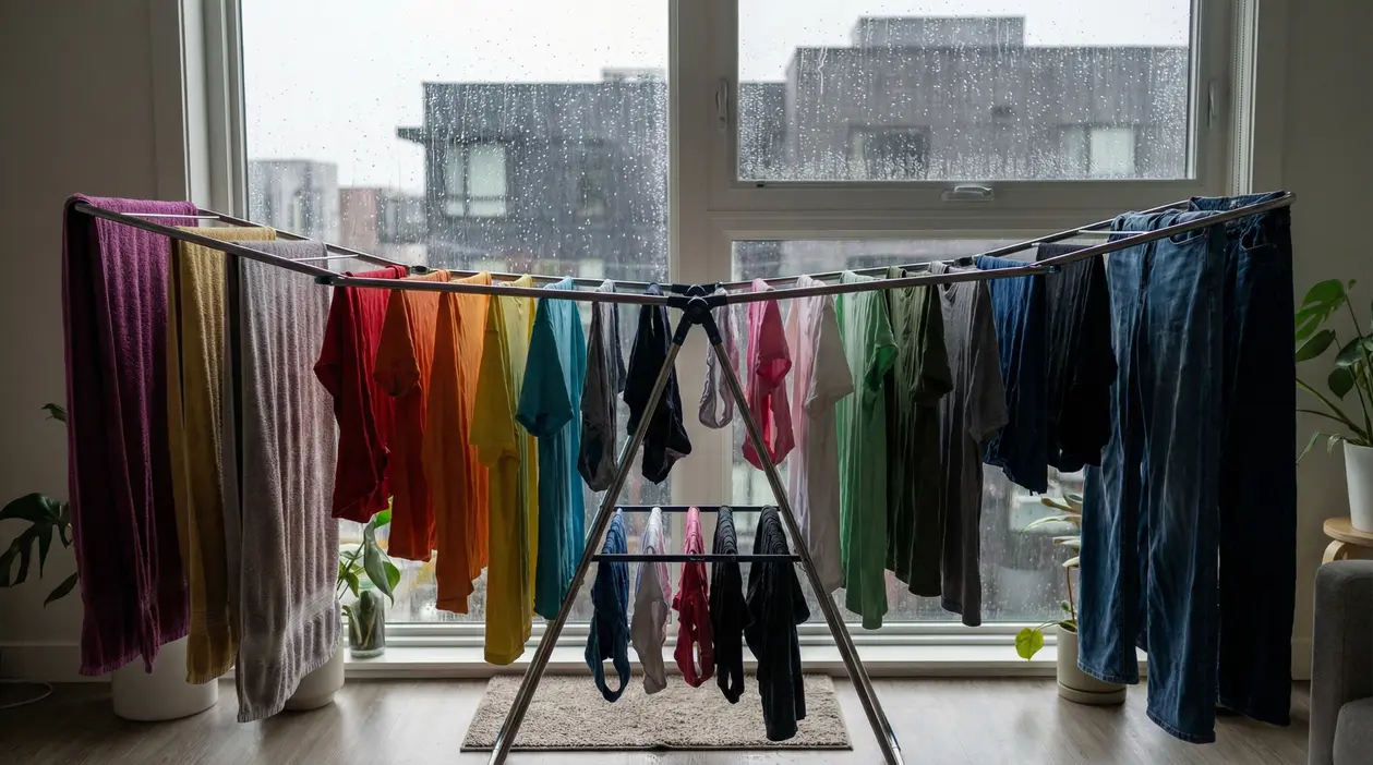 Stendibiancheria in casa davanti a una finestra con pioggia, con vestiti e asciugamani colorati ad asciugare