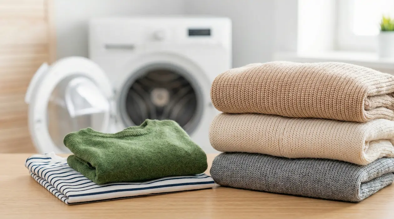 Maglione e maglie piegate su un tavolo davanti a una lavatrice, per recuperare vestiti ristretti in lavatrice