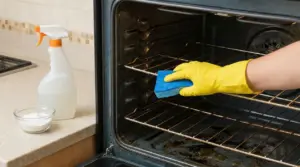 Mano con guanto giallo pulisce un forno incrostato con una spugna blu, con detergente spray sul piano cucina