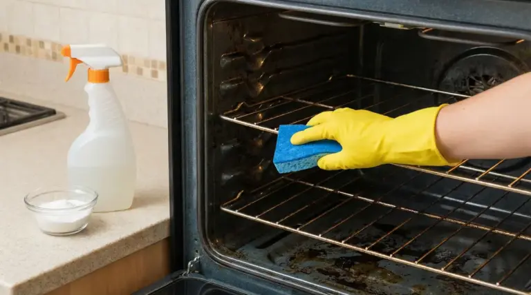 Mano con guanto giallo pulisce un forno incrostato con una spugna blu, con detergente spray sul piano cucina