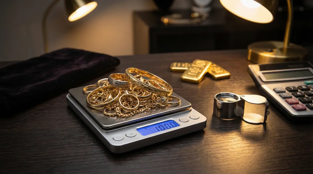Gioielli in oro su bilancia digitale con lente e calcolatrice, per stimare il valore di 100 grammi di oro usato