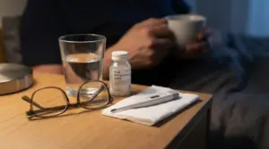 Occhiali, termometro, acqua e sali reidratanti su un comodino, con una persona seduta sul letto