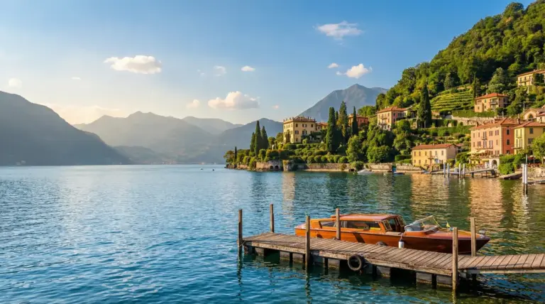 Lago con barca in legno al pontile e borgo sul lungolago tra colline verdi e montagne sullo sfondo